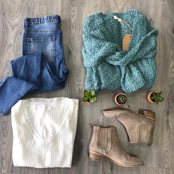 Sweaters - Popcorn Knit Open Chunky Cardigan Sage